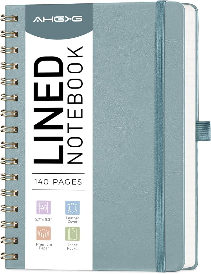 AHGXG Lined Spiral Journal Notebook, 140 Pages, A5 (5.7" x 8.3") | Journals for Women, Hardcover Leather Notebook College Ruled, 100 GSM Paper, for Work School Note Taking (Gray Blue)