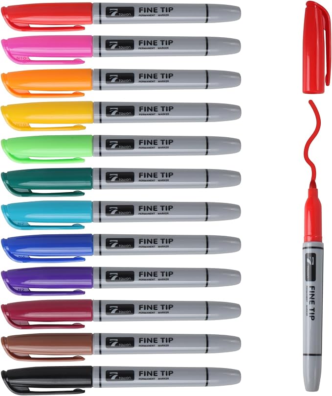 TOWON 12 Permanent Markers - Assorted Colors Drawing Marker Pens Set, Waterproof Quick Drying Fine Tip Colored Artists Markers for Adults Coloring