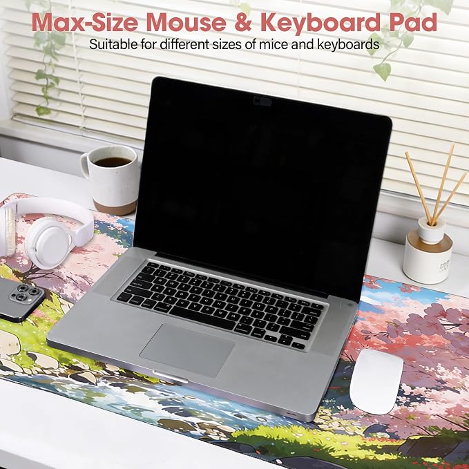 Cherry Blossom Anime Large Gaming Mouse Pad, 31.5x15.7 Inch, Non-Slip Rubber Base, Stitched Edges, Waterproof Desk Mat