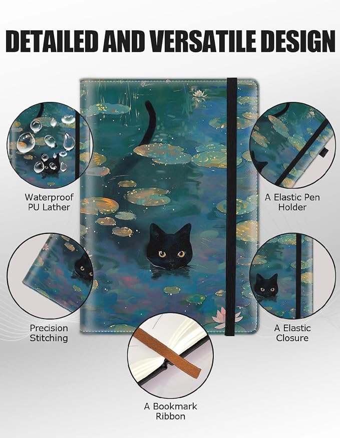 Hardcover Executive Notebooks, A5 PU Leather Lined Journal Notebook, 200 Pages Thick Paper Subject Notebooks for School,Work,Home Writing Business Notebook, Diary Book ， Lack Cat and Lotus