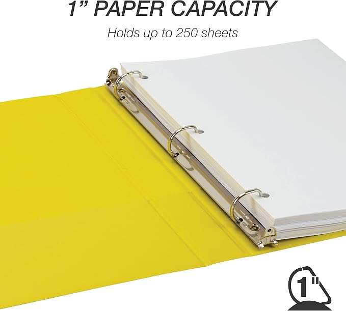 Samsill Durable 1 inch 3 Ring Binder, D Ring Binder, 100% Recycled Chipboard, Yellow, 4 Pack