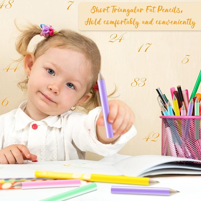 Marspark 30 Pcs Short Triangular Fat Pencils Bulk First Day of School 3.5 Inch Wooden Jumbo Pencils with Sharpener and 2 Erasers for Preschoolers, Kindergarten, Toddlers, Beginners(Bright Colors)