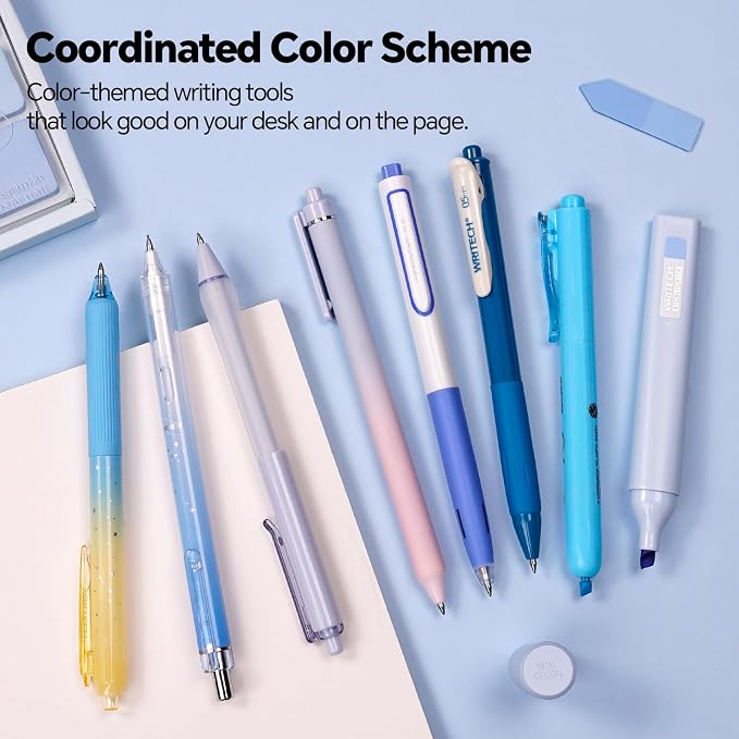 WRITECH Gel Pens Journaling Highlighters: Blue Journal Set Assorted Pastel Color 0.5mm&0.7mm Fine Point Retractable Black Ink Pen Mechanical Pencil Smooth Writing Drawing 8ct