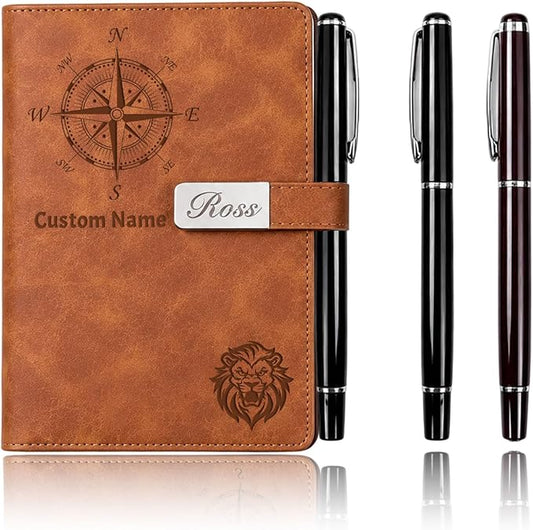 Personalized Leather Journal Notebook with Pen Gift Set - Custom Executive Hardcover A5 Writing Diary with Magnetic Closure for Men, Women, Business, Graduation, Birthday, Corporate Gifts (Custom Leather Notebook)