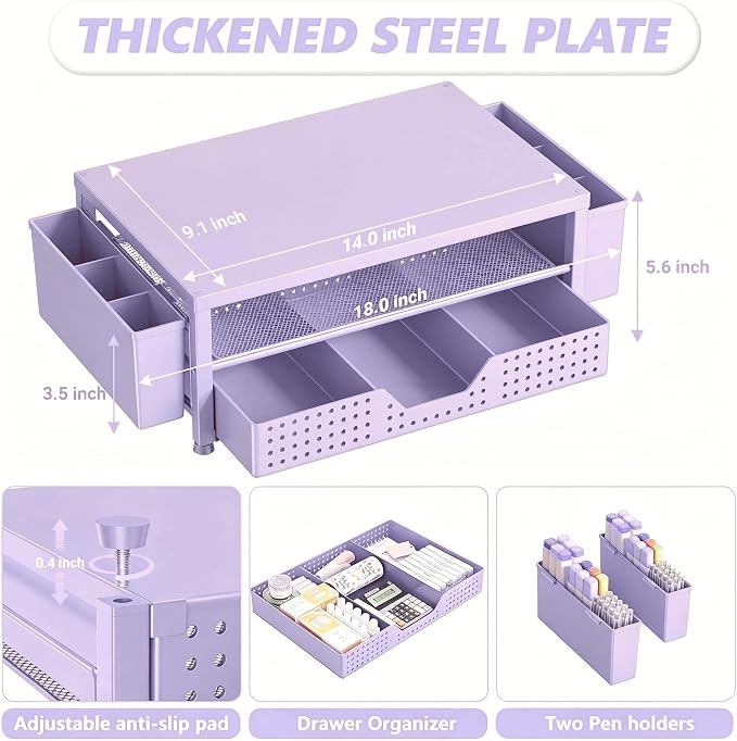 OPNICE Desk Organizers and Accessories, 2-Tier Computer Monitor Stand Riser with Drawer and 2 Pen Holders, Laptop Stand, Office Desk Accessories for Office Supplies, Purple