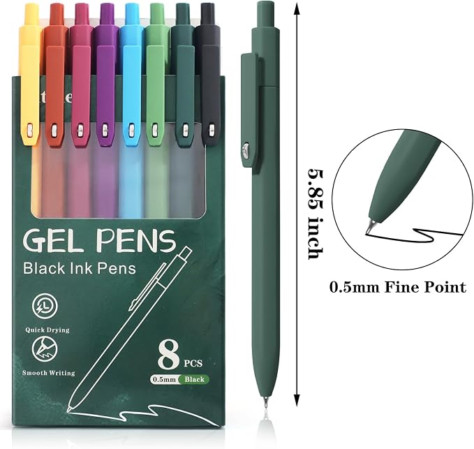 Piochoo Gel Pens, 8 Pack Fine Point Black Ink Smooth Writing Ink Pen, Retractable Quick Dry Aesthetic Cute Pens for Women Nurses School Office Supplies