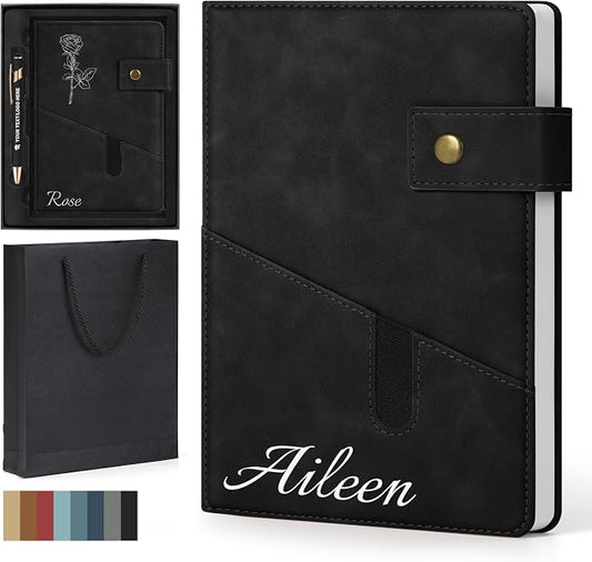 ENOMY Personalized Notebook & Pen Set Custom A5 PU Leather Journal Gift Box, Black
