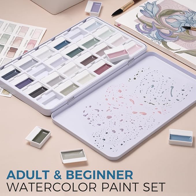 Fuumuui Watercolor Paint Set - 24 Color Opaque Semi-Solid Watercolor, Muted Gray Tones Sets Professional Adult Beginner Artist Supplies for Realistic Landscape Hobbyists Art Painting