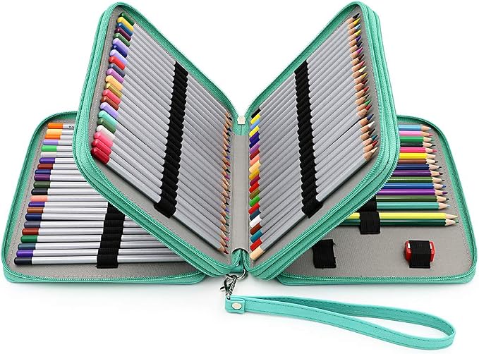BTSKY Deluxe PU Leather Pencil Case For Colored Pencils - 120 Slot Pencil Holder with Handle Strap Handy Colored Pencil Box Large(Green)