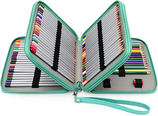 BTSKY Deluxe PU Leather Pencil Case For Colored Pencils - 120 Slot Pencil Holder with Handle Strap Handy Colored Pencil Box Large(Green)