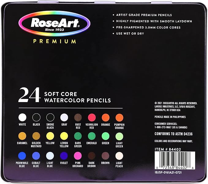 Rose Art Premium 24ct Soft Core Watercolor Pencils – Art Supplies for Drawing, Sketching, Adult Coloring in Design Storage Tin, multi (84402)