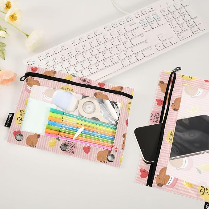 Emelivor Cute Capybara Stirpe Pencil Pouch for 3 Ring Binder 2 Pcs Binder Pouches with Zipper Pocket Pencil Case Bag with Clear Window for Office Work College Home Supplies