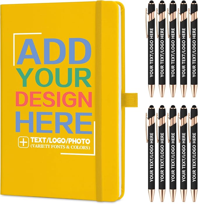 ENOMY Personalized Notebook Journal & 10 PC Pens Gift Set Custom Notebook A5 200 Pages A5 Lined Journal for Men Women Hardcover Notebooks for Work College Graduation Gifts, Yellow