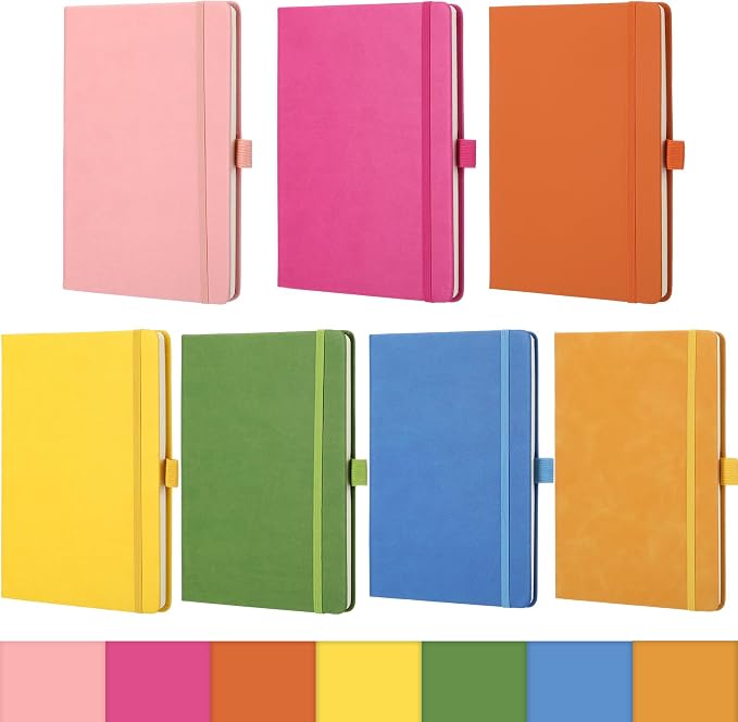 Laumoi 7 Pack Hardcover Journal Notebooks Bulk A5/A4/B5 Journaling Notebook Wide Ruled PU Leather Ruled Lined Journals with Pen Holder for School Business Work Writing (Fashion Color,A5)