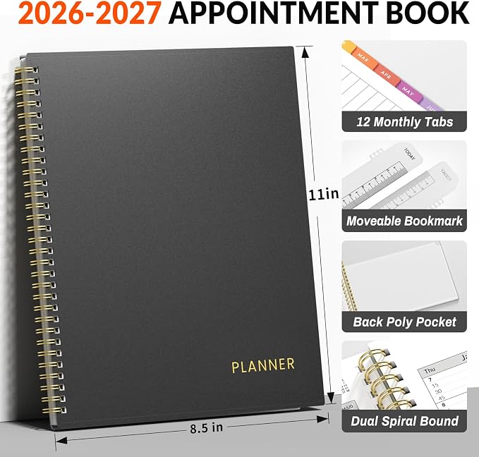 SUNEE 2026-2027 Appointment Book, Quarter-Hourly, Weekly & Monthly - from July 2026 to June 2027, 8.5"x11" Academic Planner, Flexible Cover, Note Pages, Bookmark, Spiral Binding, Black