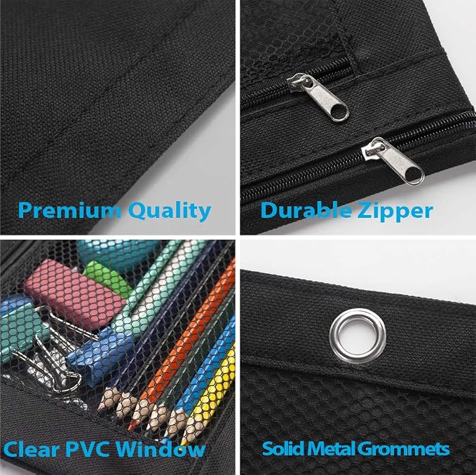 Sooez Pencil Pouch for 3 Ring Binder, 2 Pack Fabric Binder Pouch with 2 Pockets, Pencil Bags with Zipper and Reinforced Grommets, Pencil Cases for Binder
