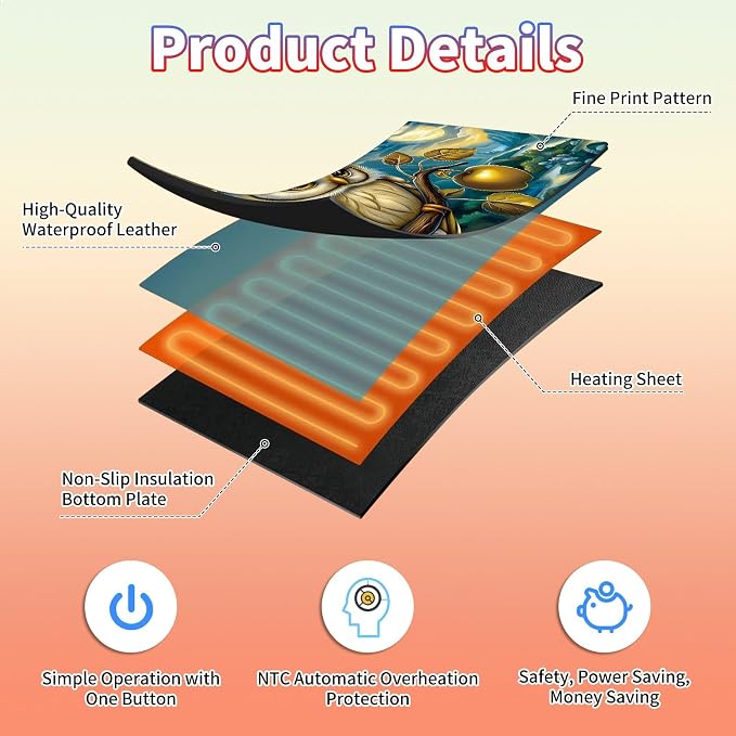 Heated Desk Pad Large Mouse Pad 23.6 x 14.1 inch with 3 Levels Heating & Auto Shut-Off Warm Mouse pad PU Leather Computer Mousepad for Home Office Work - Owl Moon