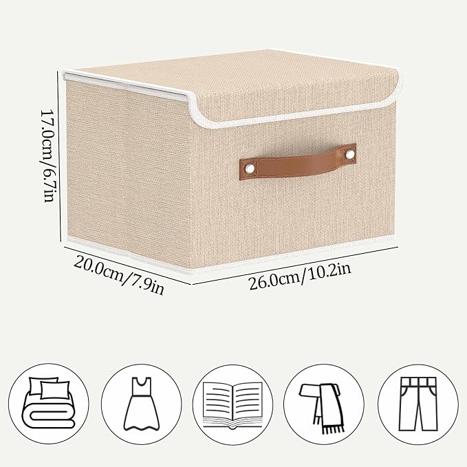 OUTBROS Storage Boxes, 10.2x7.9x6.7 in Bins with Lids, Beige | Cotton and linen cloth Storage Baskets with Handle, for Books, Closet, Bedroom, Home