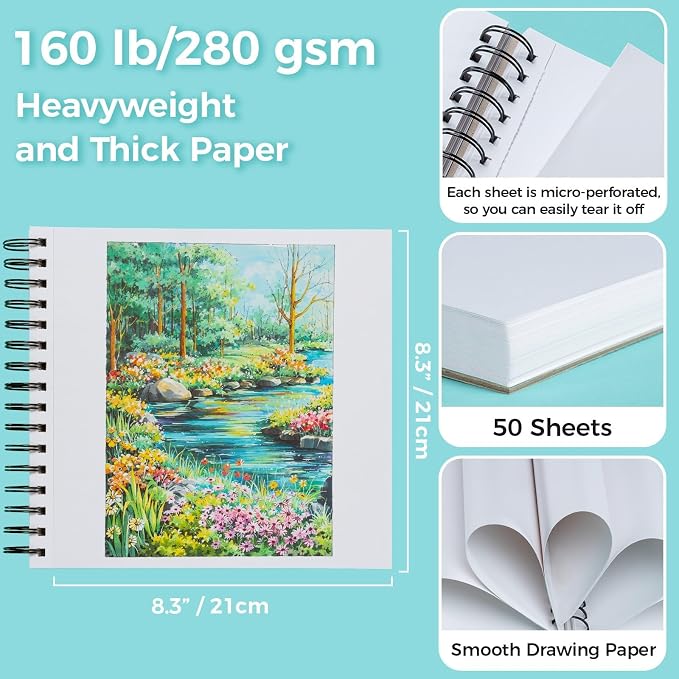 Ohuhu 8.3"x8.3" Double-Sided Bleedproof Marker Pad Art Sketchbook 50 Sheets | Square Sketch Book - 160 LB/280 GSM Smooth Drawing Paper - 50 Sheets/100 Pages - Spiral-Bound Sketch Pad for Alcohol Markers