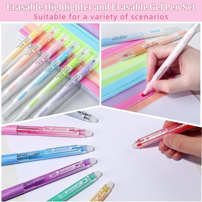 12 Pack Erasable Pen Set - 6 Colors Erasable Highlighters + 6 Colors Erasable Gel Pens, Smooth Writing No Bleed, Reusable Erasable Markers for School, Office & DIY Art Crafts (12 Pack)