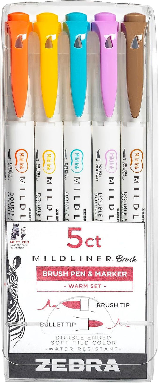 Zebra Pen MILDLINER No Bleed Brush Pen, Assorted Warm, Dual Tip, 5-Pack