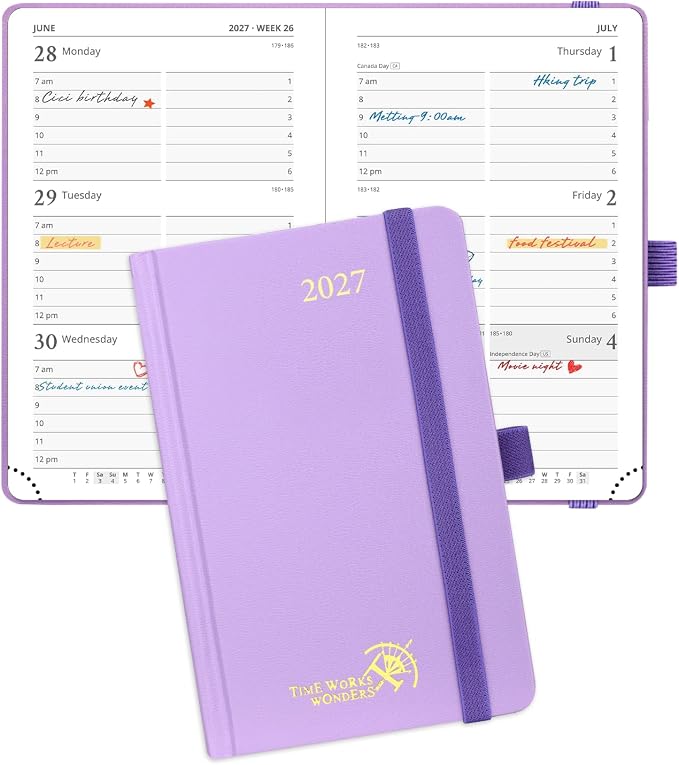 POPRUN Pocket Calendar 2027, 4" x 6.25" Pocket Calendar for Purse, Jan 2027 - Dec 2027 Small Planner, Weekly Appointment Book with Hourly Time Slots, Hardcover, 100 GSM - Violet
