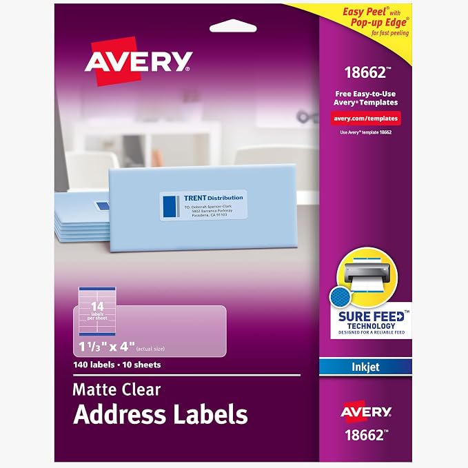 Avery Printable Address Labels, Sure Feed Technology, 1-1/3" x 4", Matte Clear, Permanent Adhesive, Inkjet Printable, 140 Blank Mailing Labels, Great Product Merchandising, Jars, and More (18662)