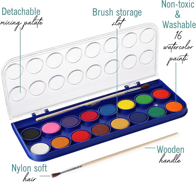 2 Packs of 16 Vivid Colors Washable Watercolor Paint Set Includes Watercolour Mixing Palette and 2 Brushes, Perfect For Artists, Beginner Painters, Kids and Adult Painting