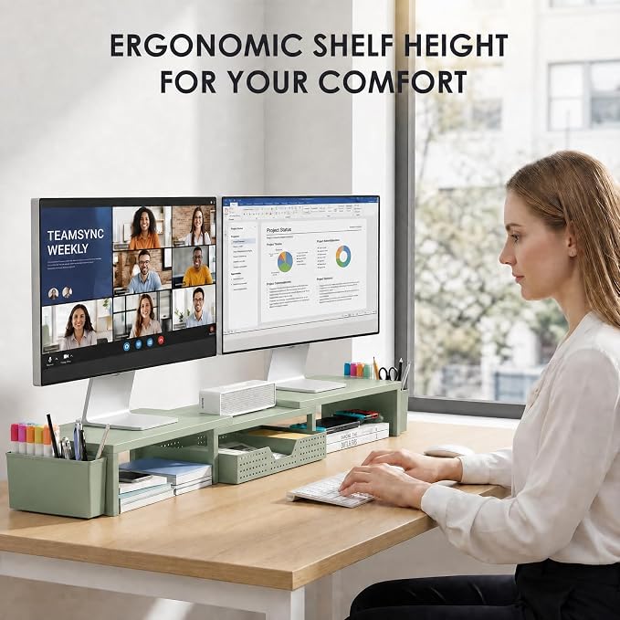 OPNICE Desk Organizers and Accessories, Dual Monitor Stand Riser with Drawer and 2 Pen Holders, Desk Shelf Metal Computer Monitor Stand for Office Workspace Organizers, Desktop Organization (Green Metal)