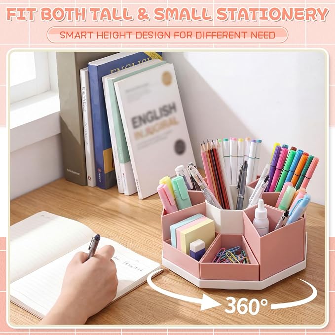 Pajean Rotating Desk Organizer Caddy with 9 Compartments Detachable Rotating Pencil Pen Holders for Desk, 9 Slots 360 Degree Desktop Stationery Art Supplies Makeup Storage Organizer Gift(Pink)