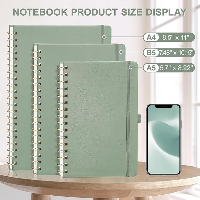 AHGXG Lined Spiral Journal Notebook, 140 Pages, A5 (5.7" x 8.3") | Journals for Women, Hardcover Leather Notebook College Ruled, 100 GSM Paper, for Work School Note Taking (Sage Green)