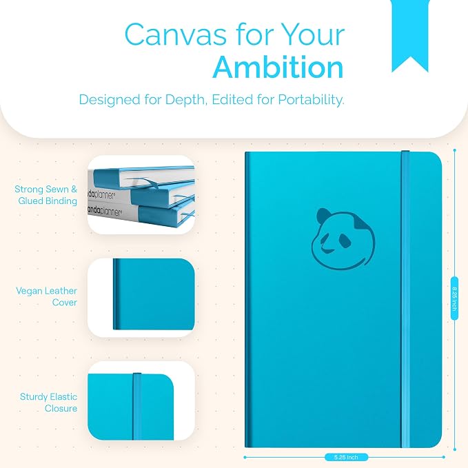 Panda Planner Classic A5 Undated Daily Planner 2026, 8.25 x 5.75 Cyan Blue | Hourly schedule, to do list, habit tracker, gratitude journal, quarterly layout, 100 GSM paper