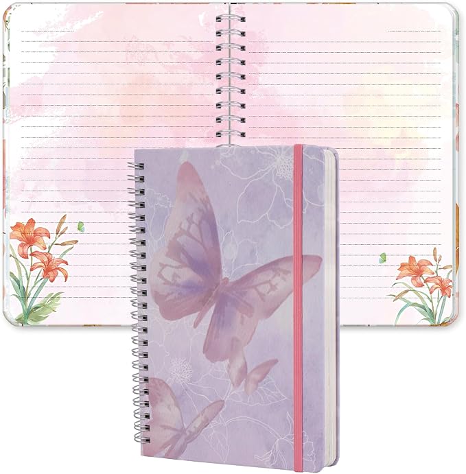 SIIXU Journaling Notebook for Women, A5 Hardcover Spiral Colorful Journal, Pretty Floral Design with 160 Beautiful Art Pages, Unique Aesthetic Diary for Poetry, Junk & Memo Writing, Purple, Lined