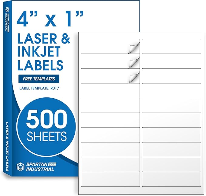 4" X 1" Matte White Printable Address Labels (500 Sheets, 10000 Stickers) | Mailing Labels for Envelopes, File Folder Stickers for Laser & Inkjet Printers - Spartan Industrial Template R017