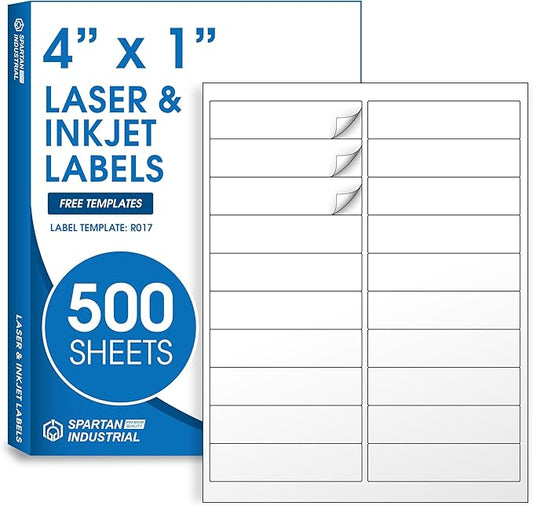 4" X 1" Matte White Printable Address Labels (500 Sheets, 10000 Stickers) | Mailing Labels for Envelopes, File Folder Stickers for Laser & Inkjet Printers - Spartan Industrial Template R017