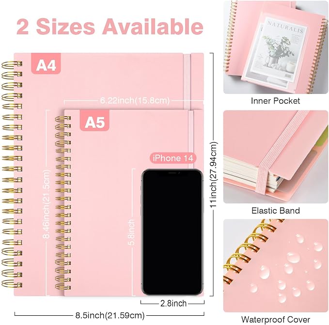 5 Subject Notebooks College Ruled, Lined Notebook with Removable Dividers | 300 Pages 100GSM Thick Spiral Writing Journal for Women & Men, Small A5 Spiral Notebooks for Work, School Supplies, 6" x 8"
