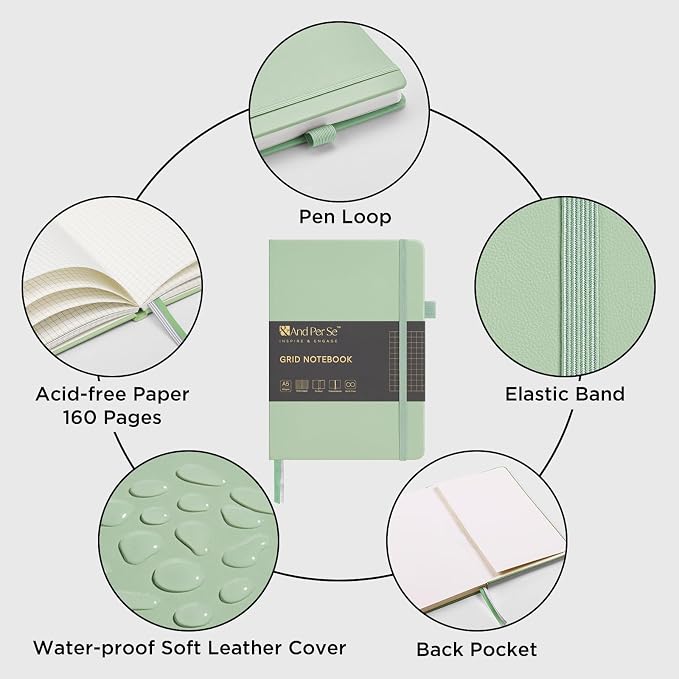 &And Per Se Graph Notebook, 5mm Grid, A5 Hardcover, 160 Pages 100gsm Thick Paper, Grid Journal for Diagrams, Wireframes, CAD Sketches (Light Green)