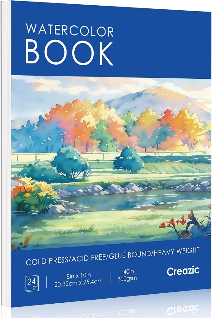 Creazic Watercolor Paper Pad 8"x10" (140lb/300gsm) - Acid-Free Artist Notebook | Cold-Pressed Heavyweight Sketchbook for Adults, Kids & Beginners - Ideal for Watercolors, Mixed Media & Crafts (Blue)