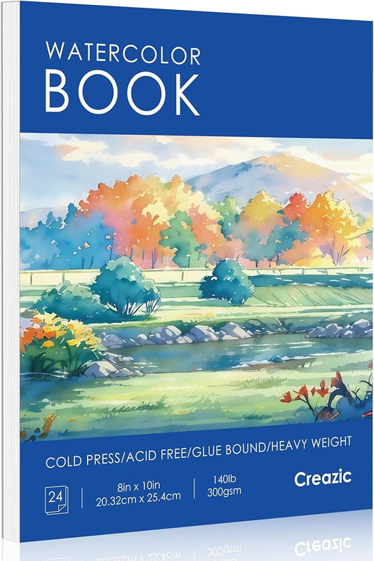Creazic Watercolor Paper Pad 8"x10" (140lb/300gsm) - Acid-Free Artist Notebook | Cold-Pressed Heavyweight Sketchbook for Adults, Kids & Beginners - Ideal for Watercolors, Mixed Media & Crafts (Blue)