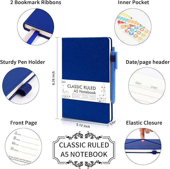 feela 3 Pack Notebooks Journals Bulk with 3 Black Pens, A5 Hardcover Notebook Classic Ruled Lined Journal Set with Pen Holder for Work Business Journaling Note Taking, 120 GSM, 5.1”x8.3”, Navy