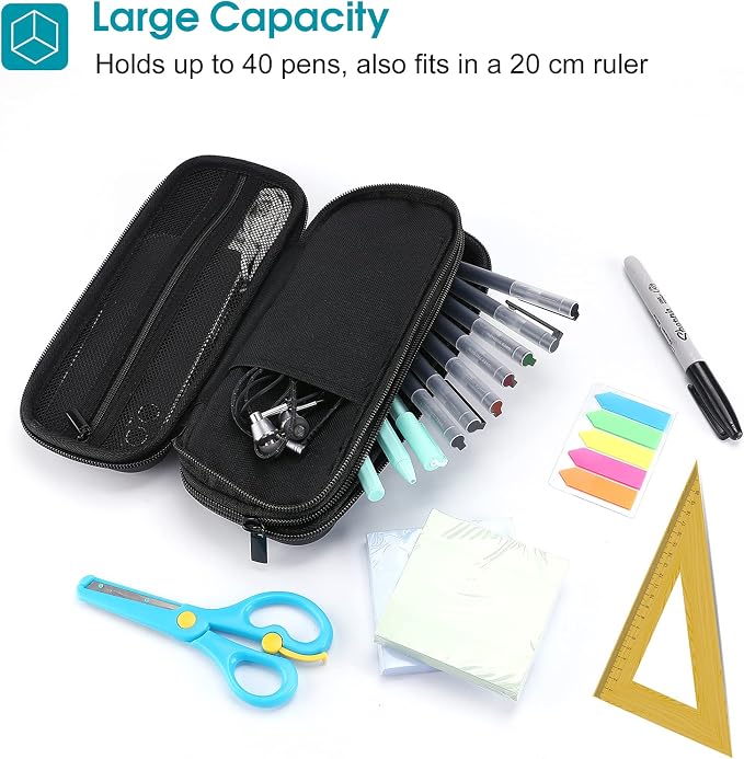 ProCase 2-Layer Hard Pencil Case, Large Capacity Storage Box Pouch, Black | Stationery Holder Organizer with Zipper Fits Pens Desk Office & School Supplies
