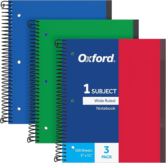 Oxford Spiral Notebook 3 Pack, 1 Subject, Wide Rule Journal, Durable Plastic Covers, 1 Pocket, 8.5 x 11 Inches, 100 Sheets, Red, Green, Blue (89802)