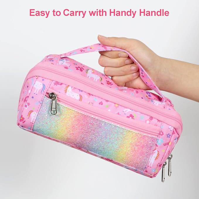 Large Pencil Case for Girls, Aesthetic Pencil Pouch for School, Wide Opening Organizer Box with Handle, Fits 50 Pens & Markers (Glitter Pink Unicorn) | Kids Pencil Case & Wide Handle, Water Resistent Organizer Box, Fits 50 Pens & Markers, Daily Use, Gl...
