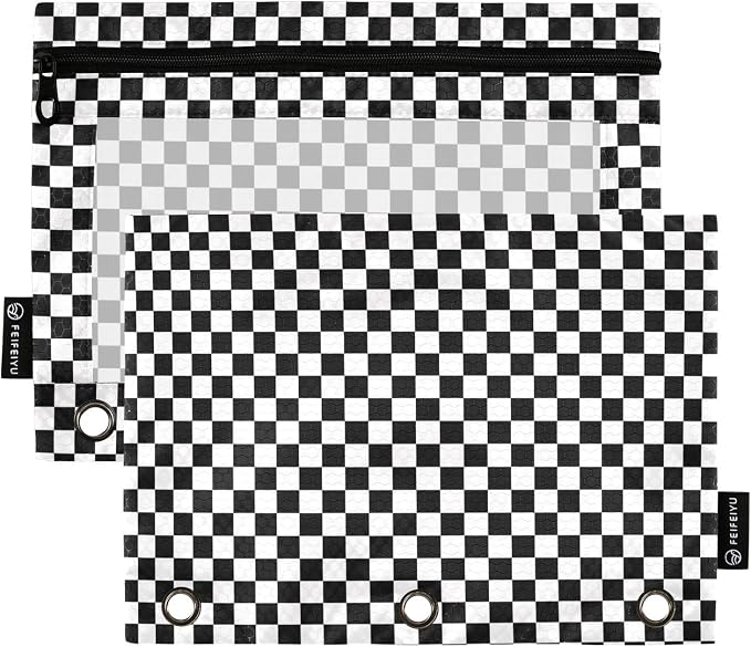 Race Checkered Flag Pencil Pouches for 3 Ring Binder 2 Pack | Binder Pencil Case With Zipper Reinforced GrommetsPencil Bags for Office Organizers