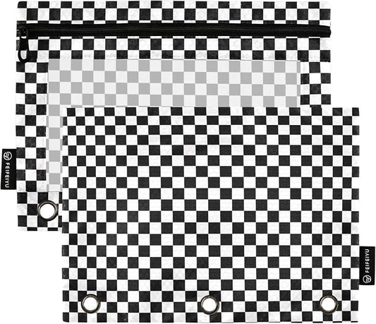 Race Checkered Flag Pencil Pouches for 3 Ring Binder 2 Pack | Binder Pencil Case With Zipper Reinforced GrommetsPencil Bags for Office Organizers