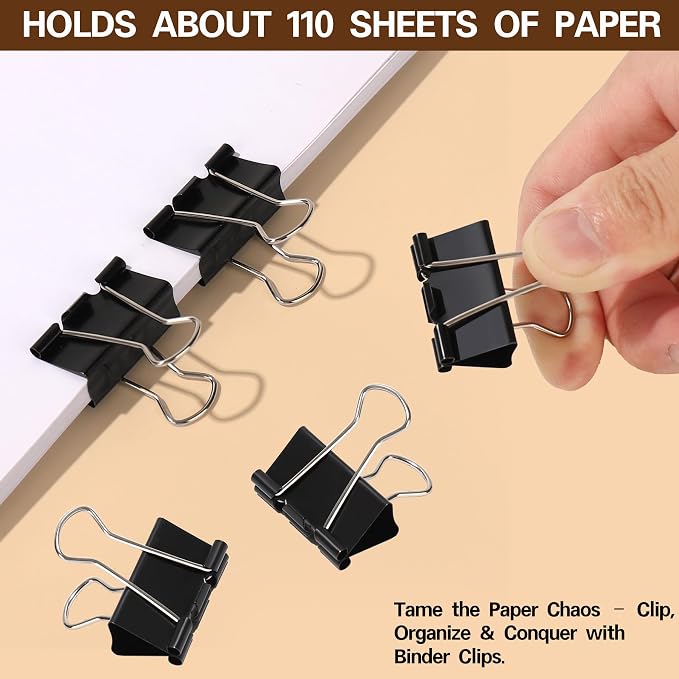 Binder Clips 1.25 Inch, 24 Pcs Black Medium Office Paper Clamps | Solid Metal Clips, Heavy-Duty Grip for Thick Docs, Great for Accounting, Teachers, Receipts & Daily Office File Sorting