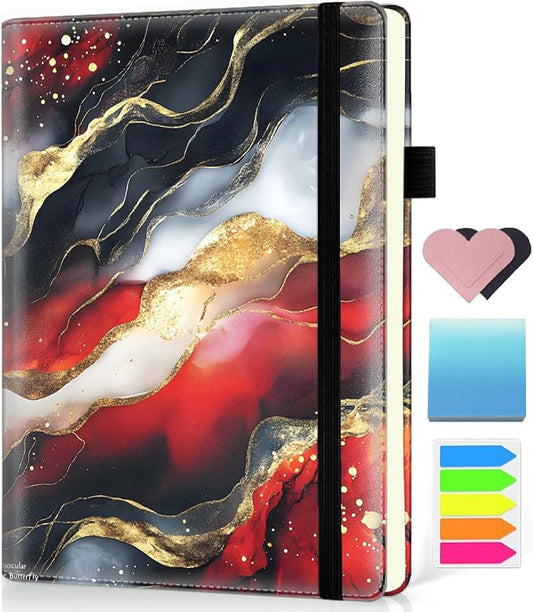 Hardcover Executive Notebooks, A5 PU Leather Lined Journal Notebook, 200 Pages Thick Paper Subject Notebooks for School,Work,Home Writing Business Notebook, Diary Book ，Red Gilded Marble