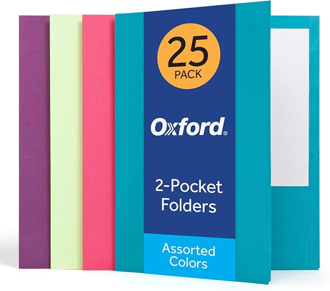 Oxford 2 Pocket Folders, 25 Pack, Bright Colors, School Value Pack | Each folder holds 100 letter size sheets. Sturdy covers hold up in backpacks all year. Easy to color code. Made in the USA.