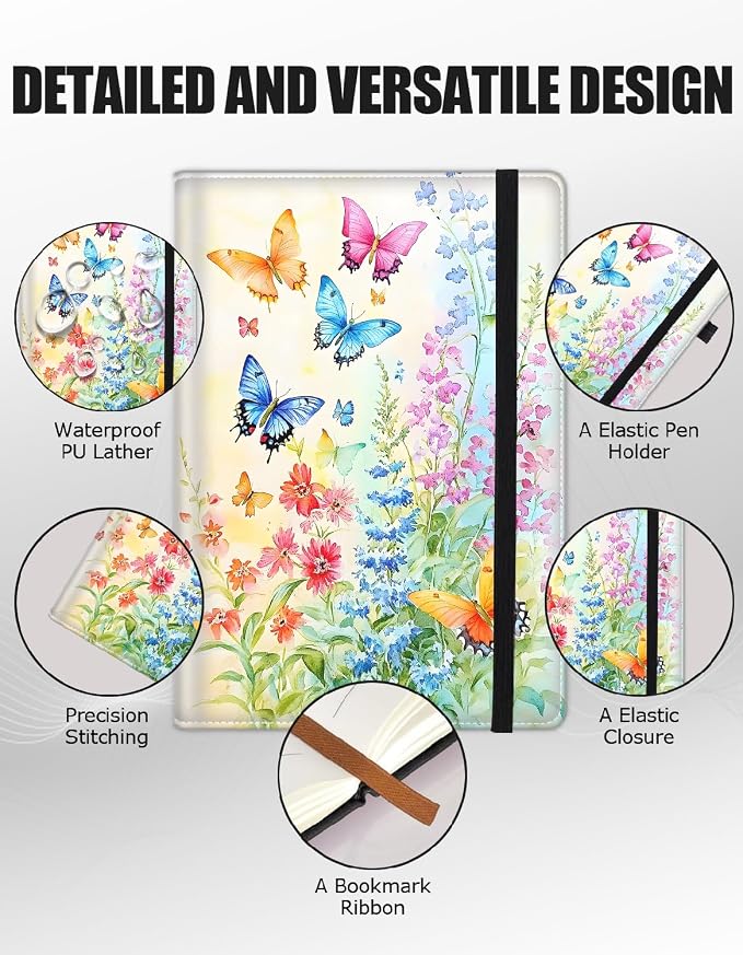 Hardcover Executive Notebooks, A5 PU Leather Lined Journal Notebook, 200 Pages Thick Paper Subject Notebooks for School,Work,Home Writing Business Notebook,Watercolor Butterflies and Flowers