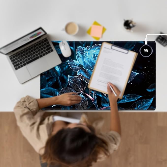 Heated Desk Pad Large Mouse Pad 23.6 x 14.1 inch with 3 Levels Heating & Auto Shut-Off Warm Mouse pad PU Leather Computer Mousepad for Home Office Work - Blue Rose Flower